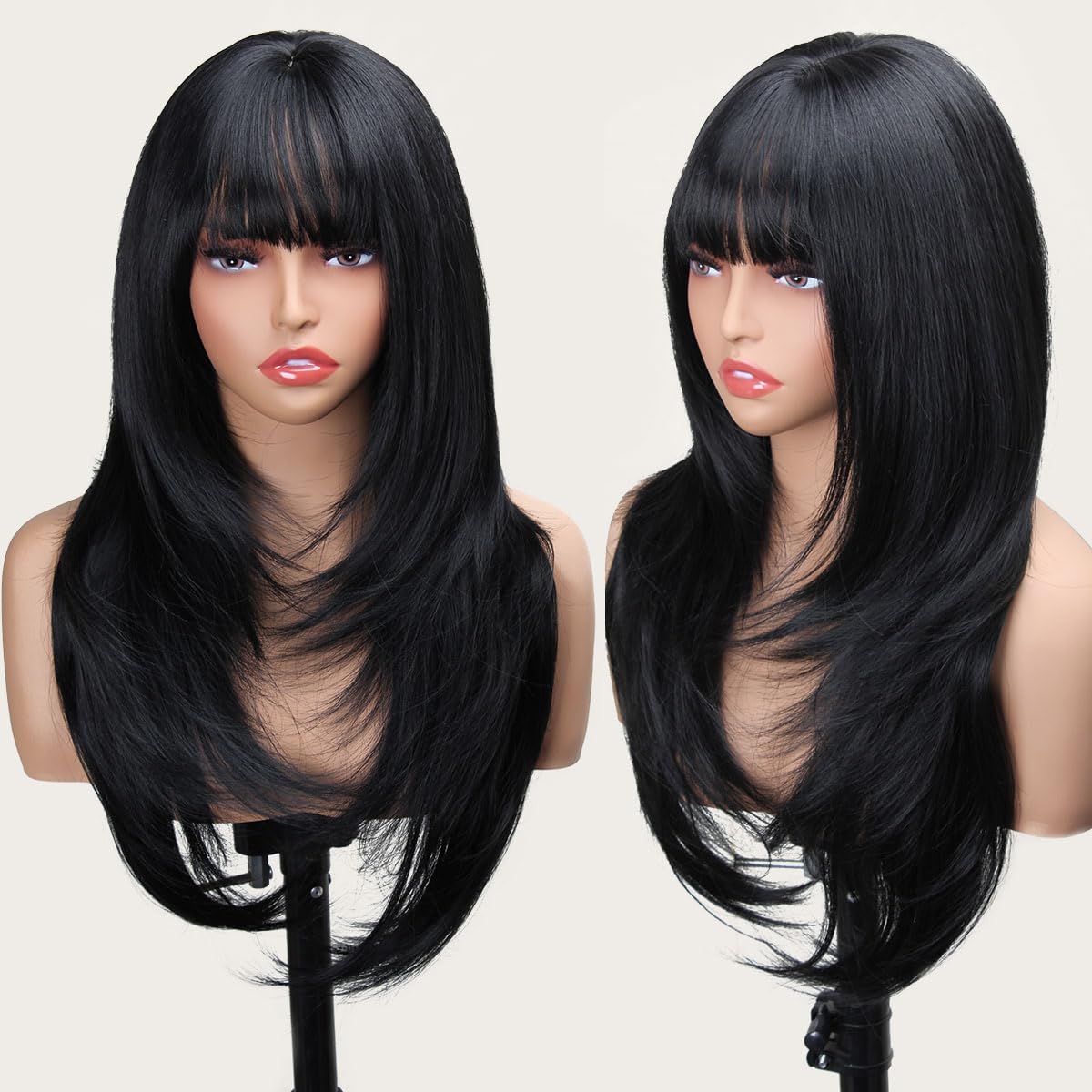 Layered Black Wig with Bangs - 26 Inch Long Synthetic Heat-Resistant Hair | Realistic Scalp Free Parting for Daily & Party Use