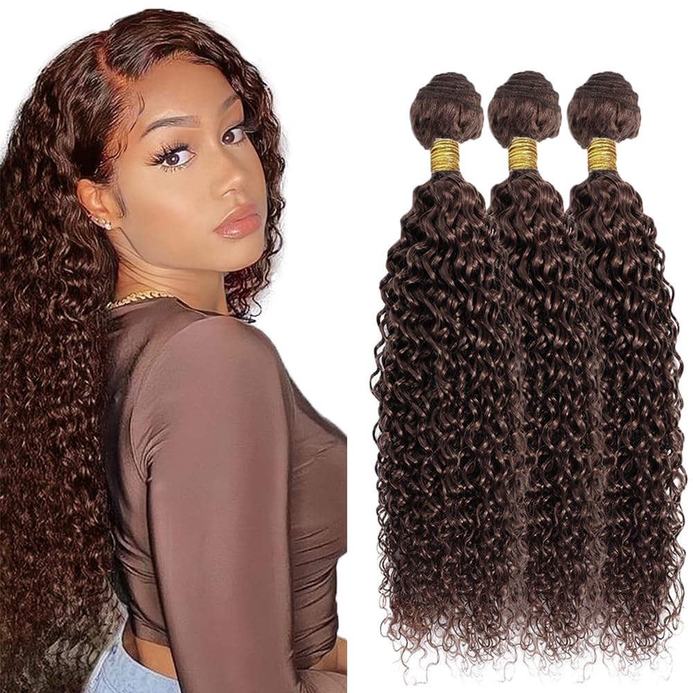 DiexrLamx Hair Dark Brown Bundles 16 18 20 Inch Color 4 Kinky Curly Bundle 8A Brazilian Virgin Hair 3 Bundles Brown Curly Bundle Hair Weave