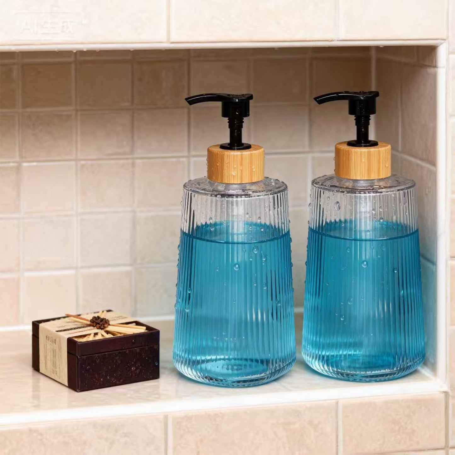 Glass Soap Dispenser, Thickened Glass Hand Soap Dispenser for Bathroom, Kitchen Dish Washing Liquid Bottles, Shampoo and Conditioner Bottles, Modern Farmhouse Style (Clear, Set of 2, 12oz)