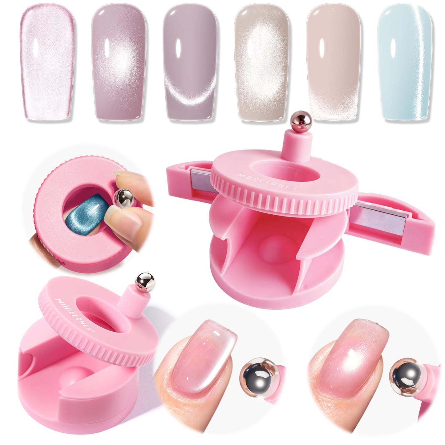 Modelones 5D Automatic Pink Nail Magnet - 3-in-1 Strong 360° Rotating Tool for DIY Cat Eye Gel Polish Designs