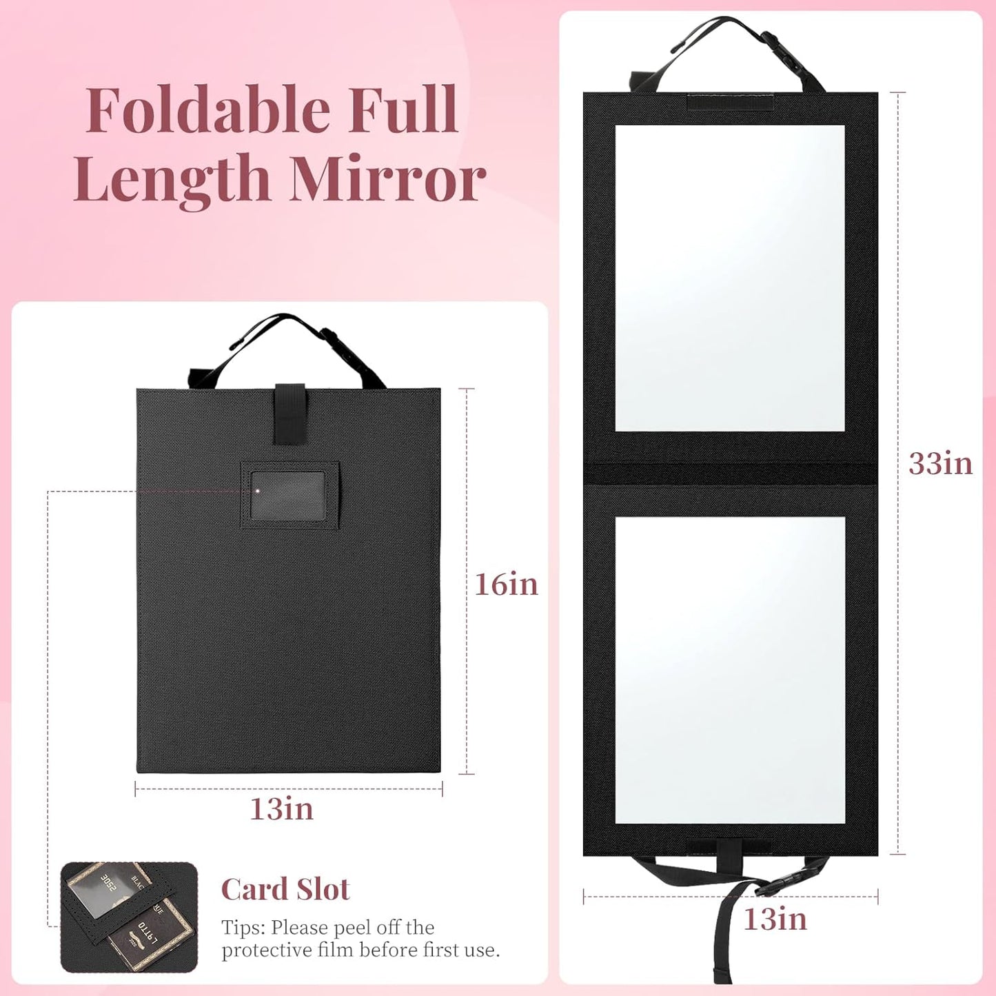Foldable Portable Full Length Mirror - Shatter-Proof Acrylic for Dancers & Travelers | 33x13 Inch, Black