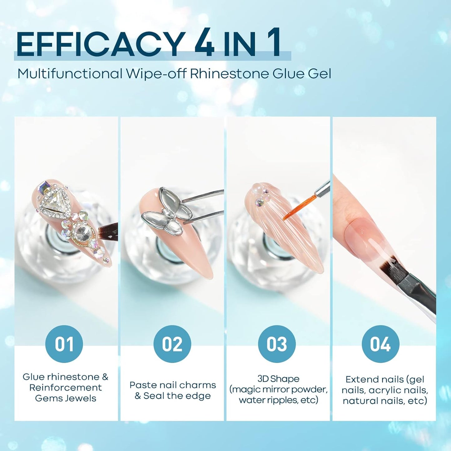 Rhinestone Nail Gem Glue - Super Strong No Wipe Adhesive with Dual-Use Brush | 2×5 ml