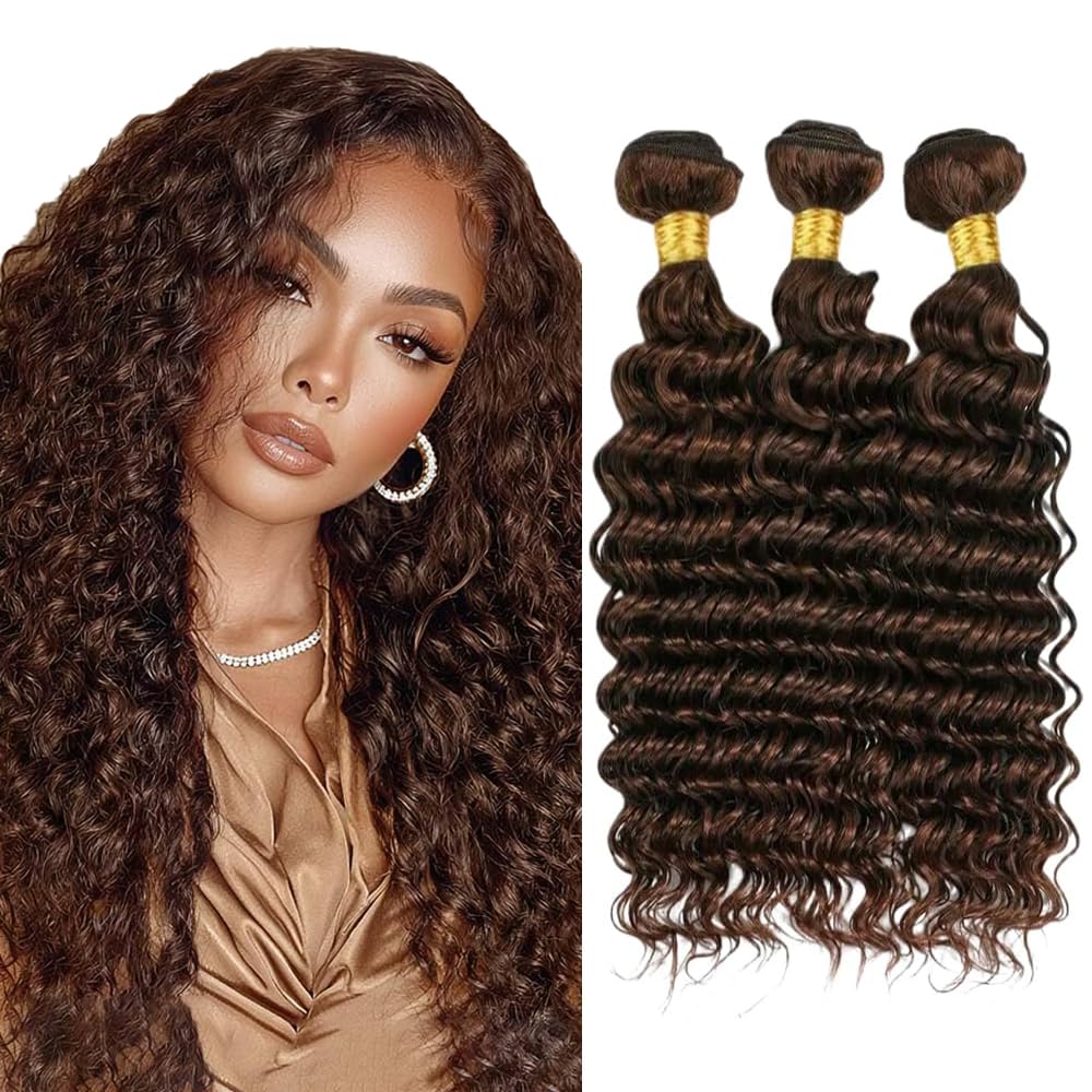 22 22 22 Inch Color #4 Human Hair Bundles Chocolate Brown Deep Curly Bundle Brazilian Virgin Remy Hair 3 Bundles Dark Brown Deep Wave Bundle Hair Weave