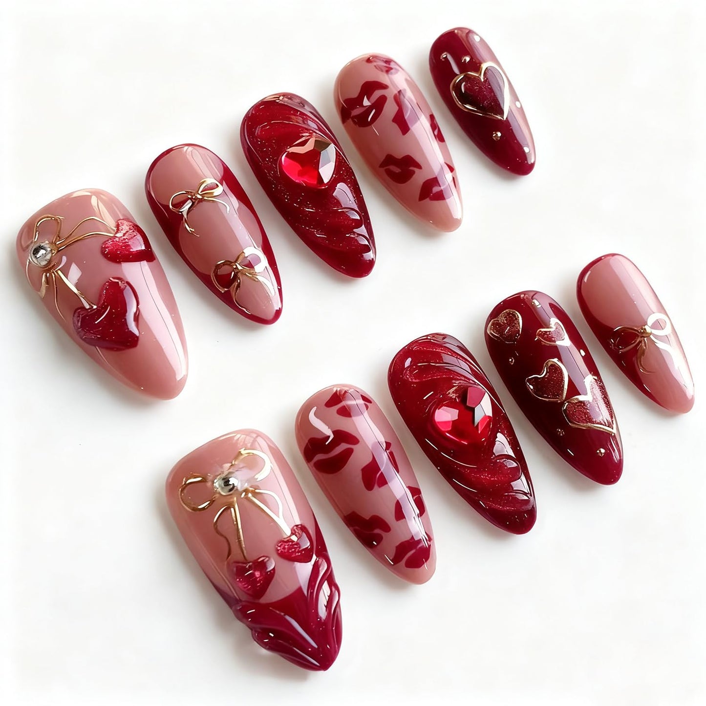 Christmas Press-On Nails - Medium Almond Winter Snowflake Design | 24 Pcs Acrylic Full Cover with Diamond Accents