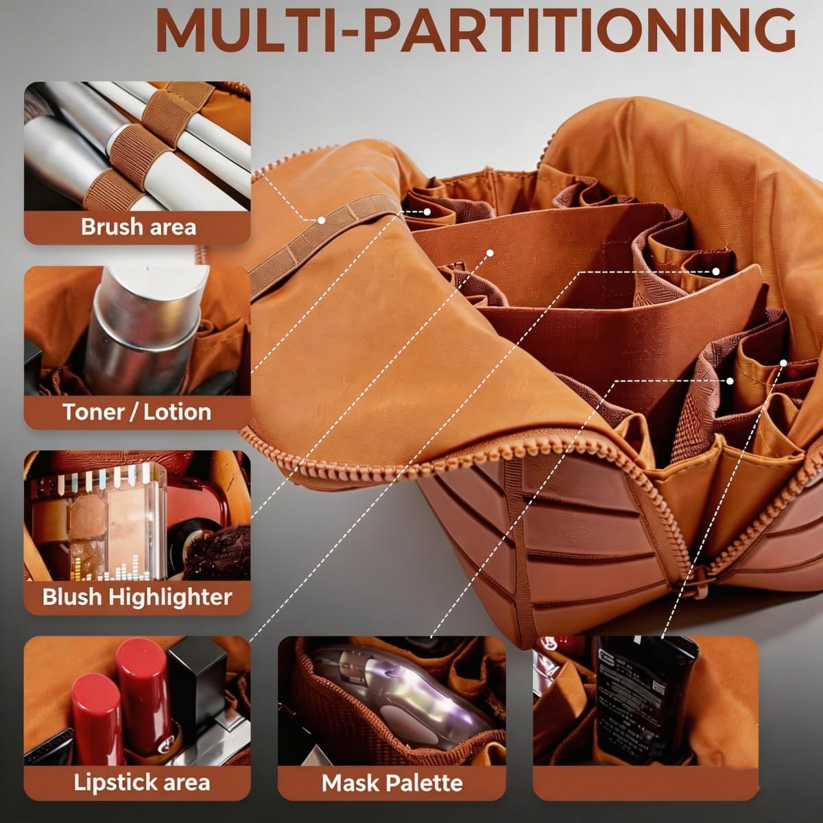 Travel Makeup Organizer Bag - Large Capacity with Adjustable Dividers & 27 Pockets | Brown