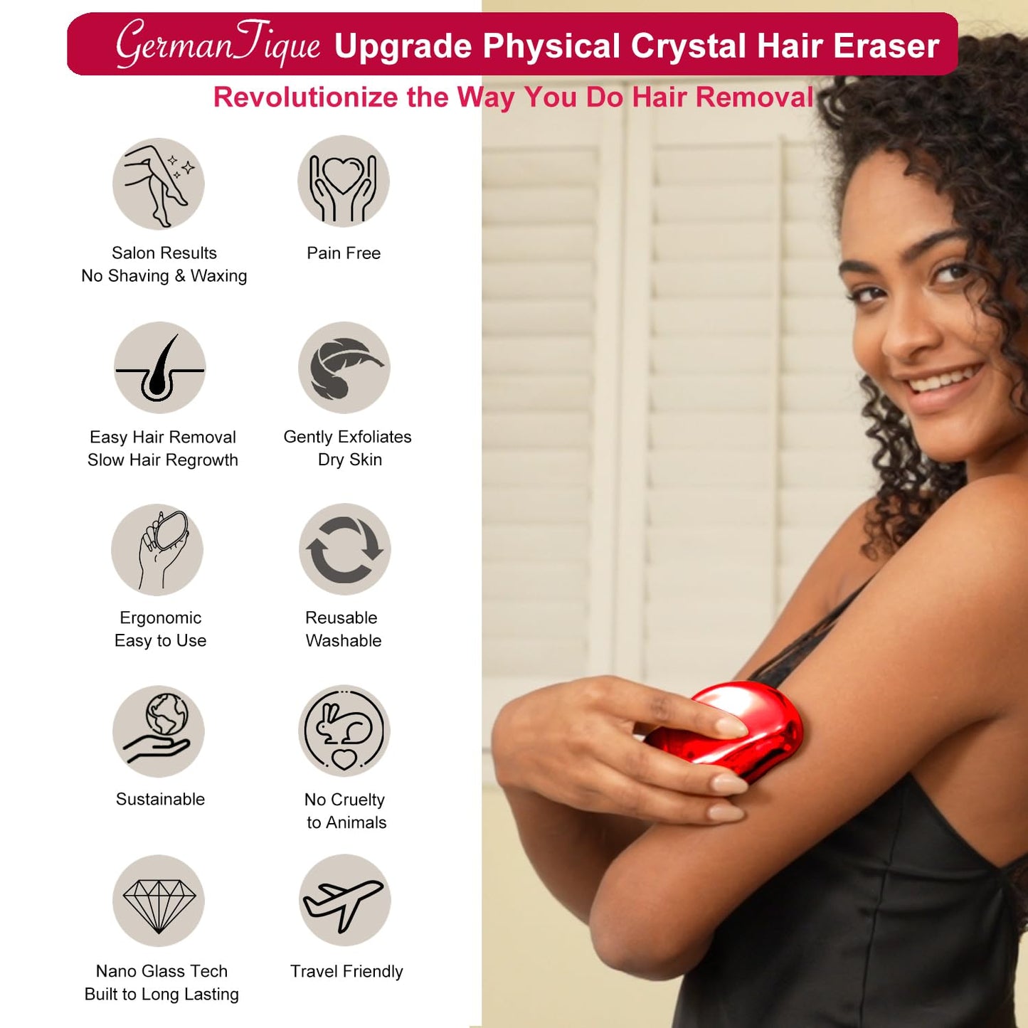 Germantique Crystal Hair Eraser,Natural Crystal Hair Remover,Reusable Painless Nano Glass Hair Removal Device Without Shaver,Gentle Crystal Epilator and Exfoliator for Soft Silky Skin(Red)