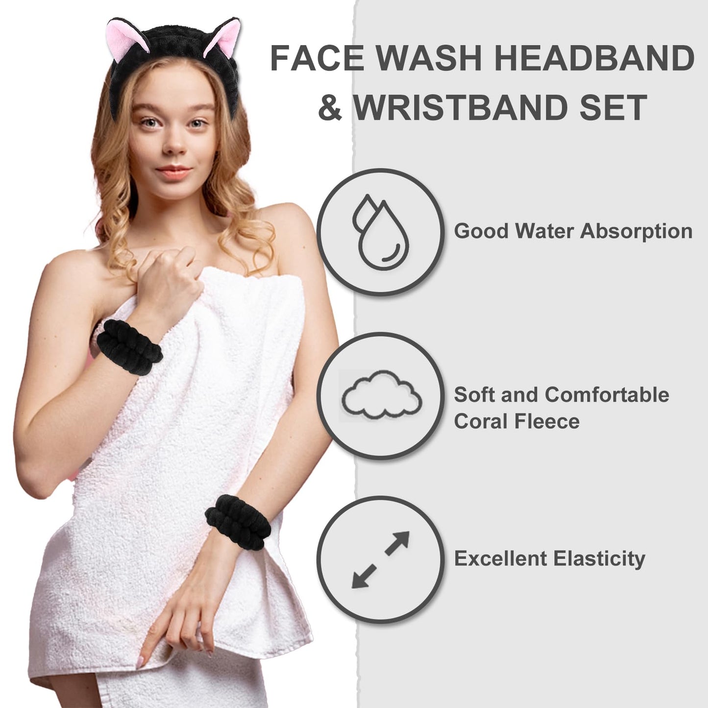 CAVETEE 3 Piece Headband and Wristband Set for Women, Dark Brown Cat Ear Elastic Spa Hairband, Face Wash Elastic Wristbands for Shower, Facial, Makeup, Skincare, Hair Care Accessories