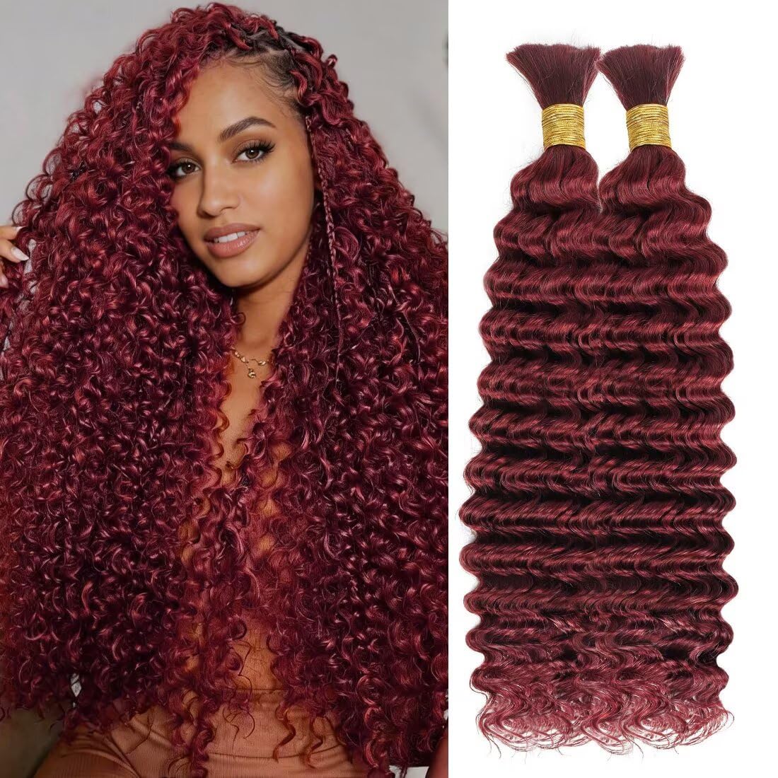 Boho Hair for Braiding, Curly Virgin Human Braiding Hair for Women, 12A Knotless Deep Wave Bulk Bohemian Styles, 100g 16 Inch 2 Bundles/Pack Burgundy Color 99J