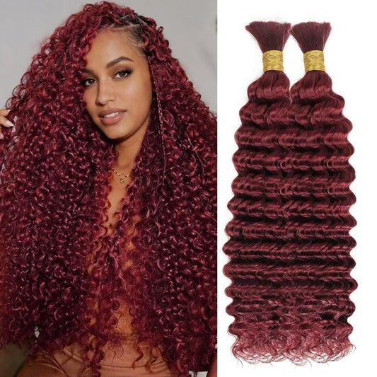Boho Hair for Braiding, Curly Virgin Human Braiding Hair for Women, 12A Knotless Deep Wave Bulk Bohemian Styles, 100g 26 Inch 2 Bundles/Pack Burgundy Color 99J