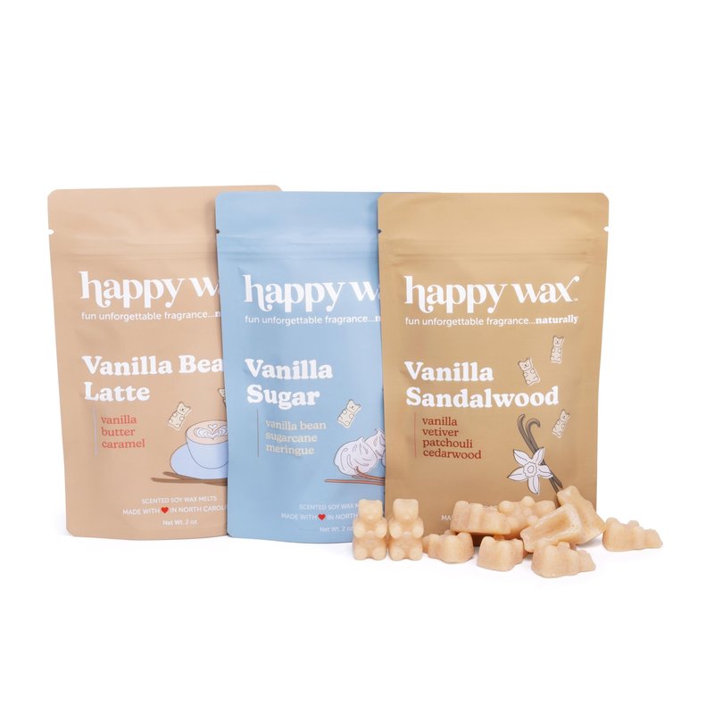 Happy Wax Vanilla Lovers Scented Natural Soy Wax Melts – 6 Oz Total - Includes: Vanilla Bean Latte, Vanilla Sugar and Vanilla Sandalwood