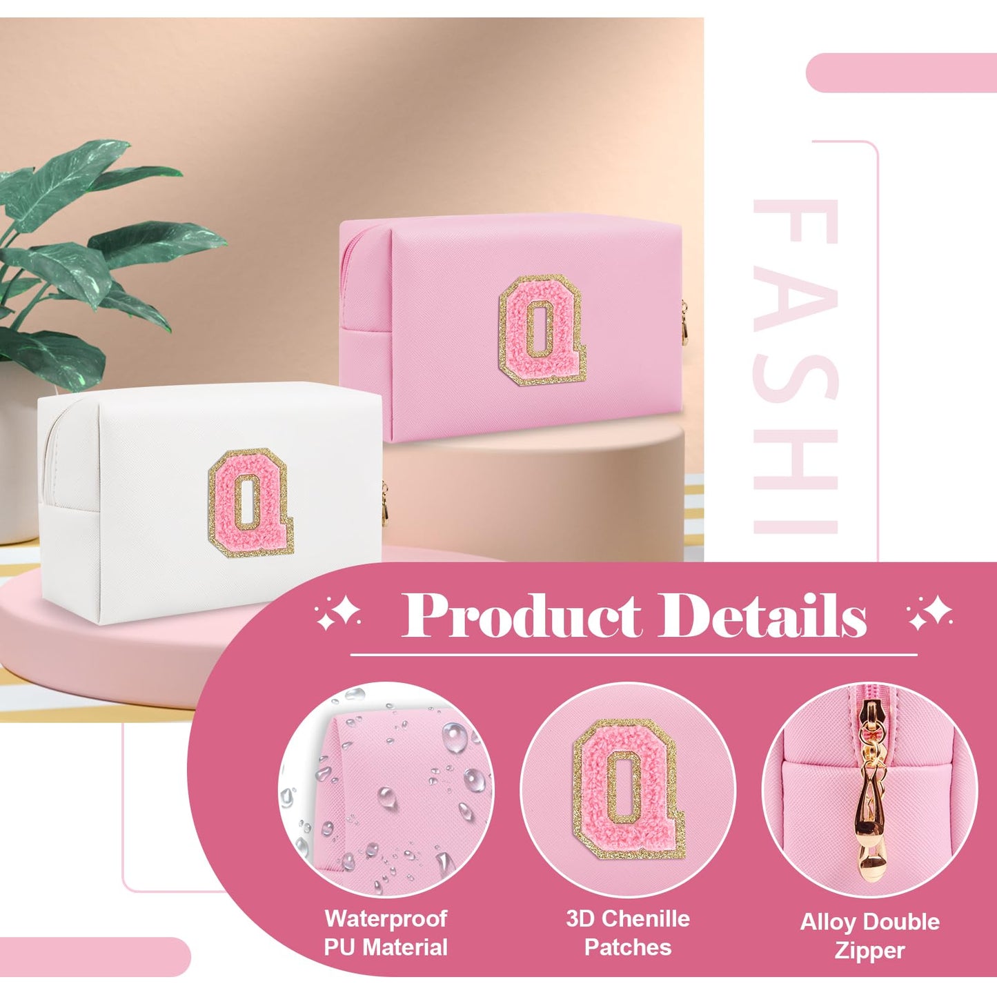 Personalized Initial A-Z Preppy Patch Makeup Bag,Small PU Leather Chenille Letter Cosmetic Bag with Zipper for Teen Girls,Pink Cute Travel Toiletry Bag,Birthday Monogrammed Gift for Daughter,Letter Q