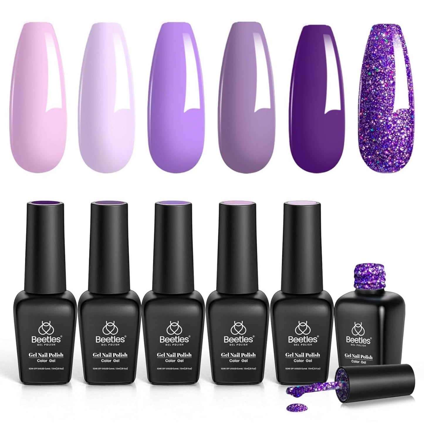 Beetles Purple Gel Polish Set - Grape Vine 6 Colors Lavender Dark Lilac Glitter Pink Nail Polish Soak Off Uv LED Gel Nail Kit Salon DIY Nail Art Manicure Home Gifts for Women