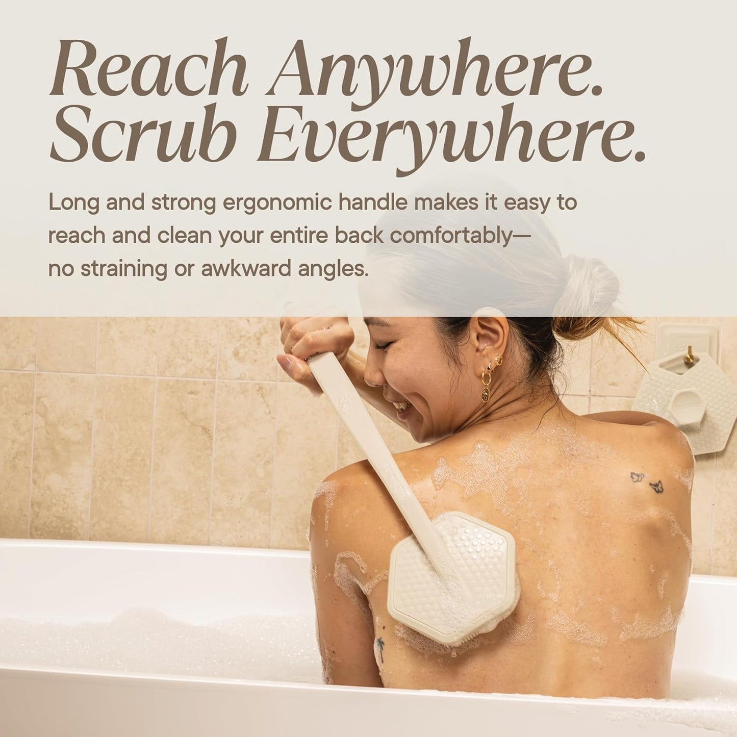 Silicone Back Scrubber for Shower | Exfoliating Body Brush with Long Ergonomic Handle & Non-Slip Grip - Sand Color