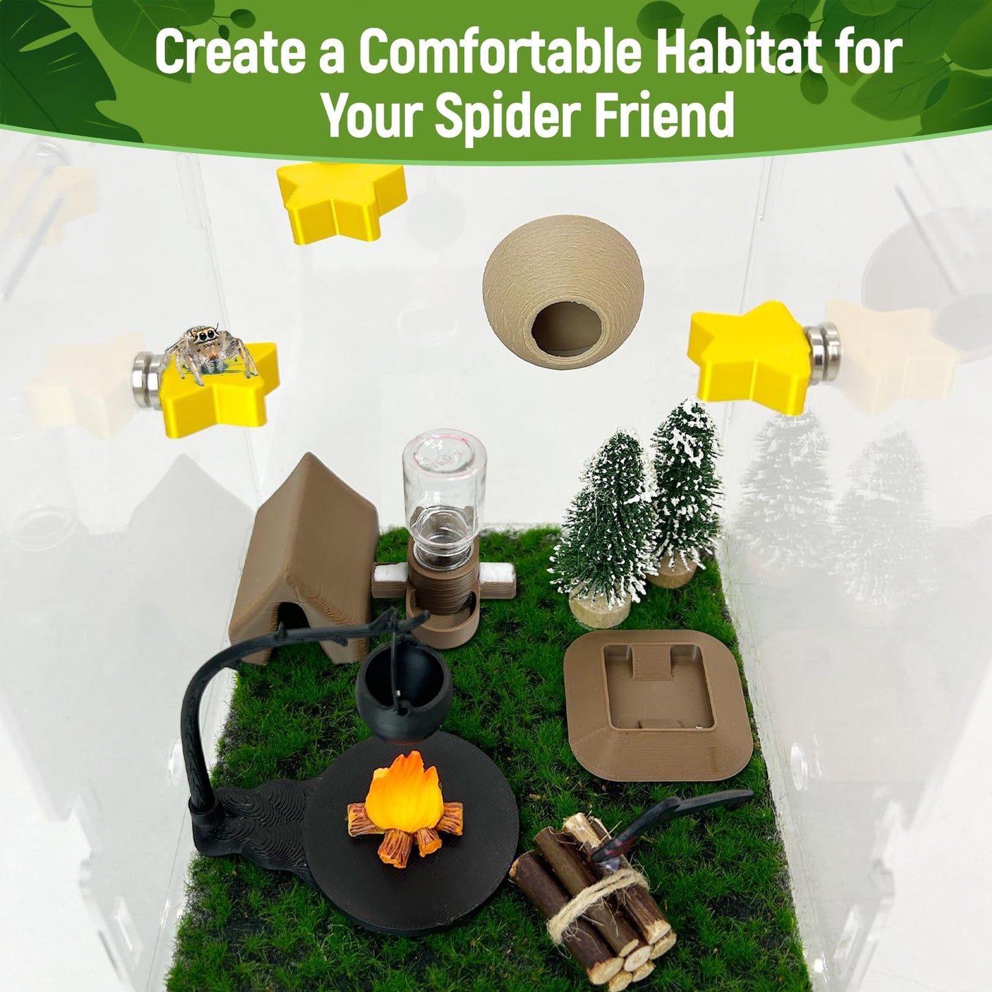 Jumping Spider Enclosure Accessories,with Enclosure Decor Kit,Hide Habitat,Platform,Food Bowl,Water Dispenser for Jumping Spider Habitat (Camping)