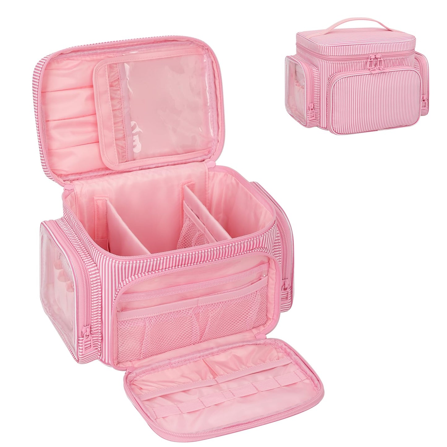 Large Makeup Bag, Portable Travel Makeup Bag Organizer for Women Girls with Makeup Brush Compartment & Two Side Pockets, Cosmetic Travel Bag Vertical Storage Toiletry Bag - Pink Stripe