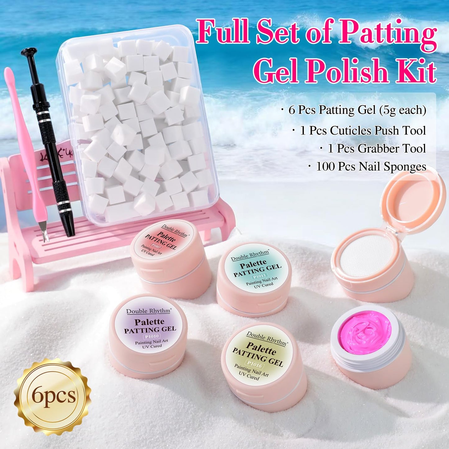 Double Rhythm Nail Art Gel Polish Set - 6 Vibrant Colors with 100 Sponges & Grabbing Pen | Perfect for Creative Designs