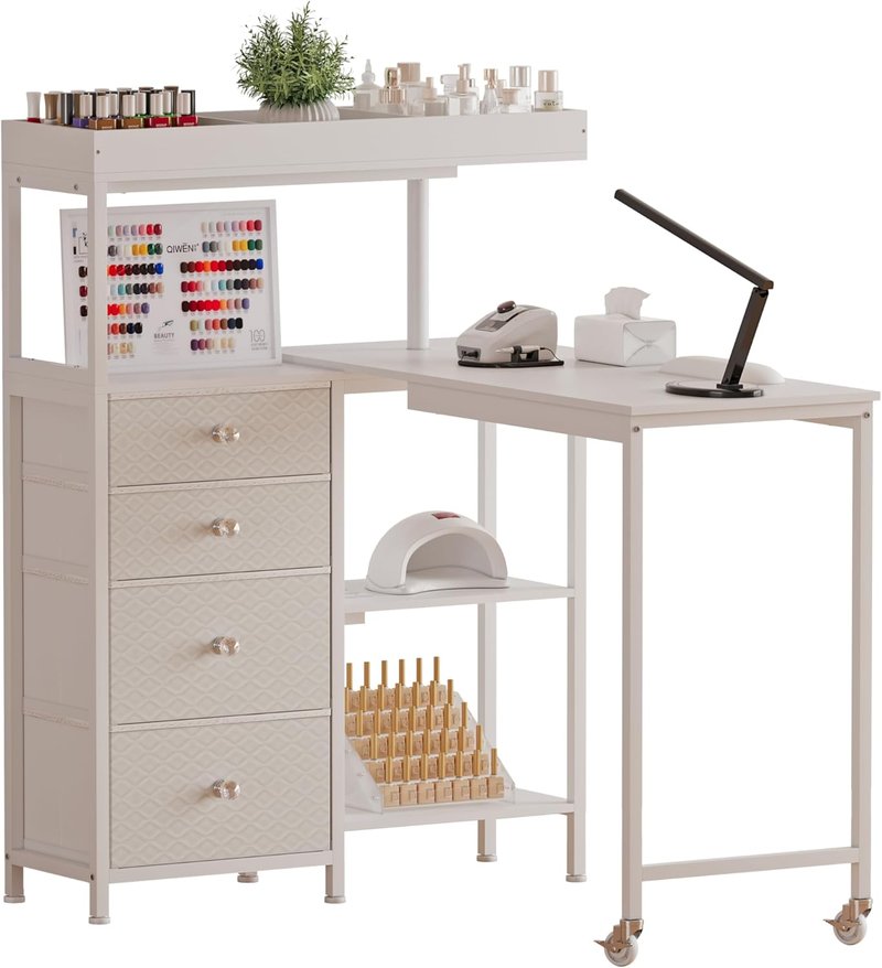 L-Shaped Manicure Table - Rotating Nail Workstation with Drawers & Charging Station | White