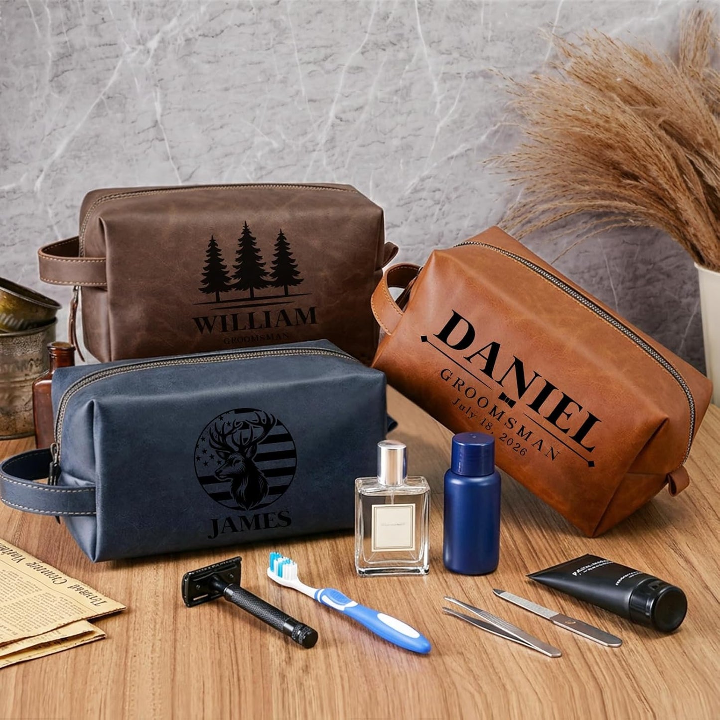 Personalized Toiletry Bag - Waterproof PU Leather Travel Dopp Kit | Custom Engraved Name for Men, Perfect Gift for Husband, Dad, Boyfriend