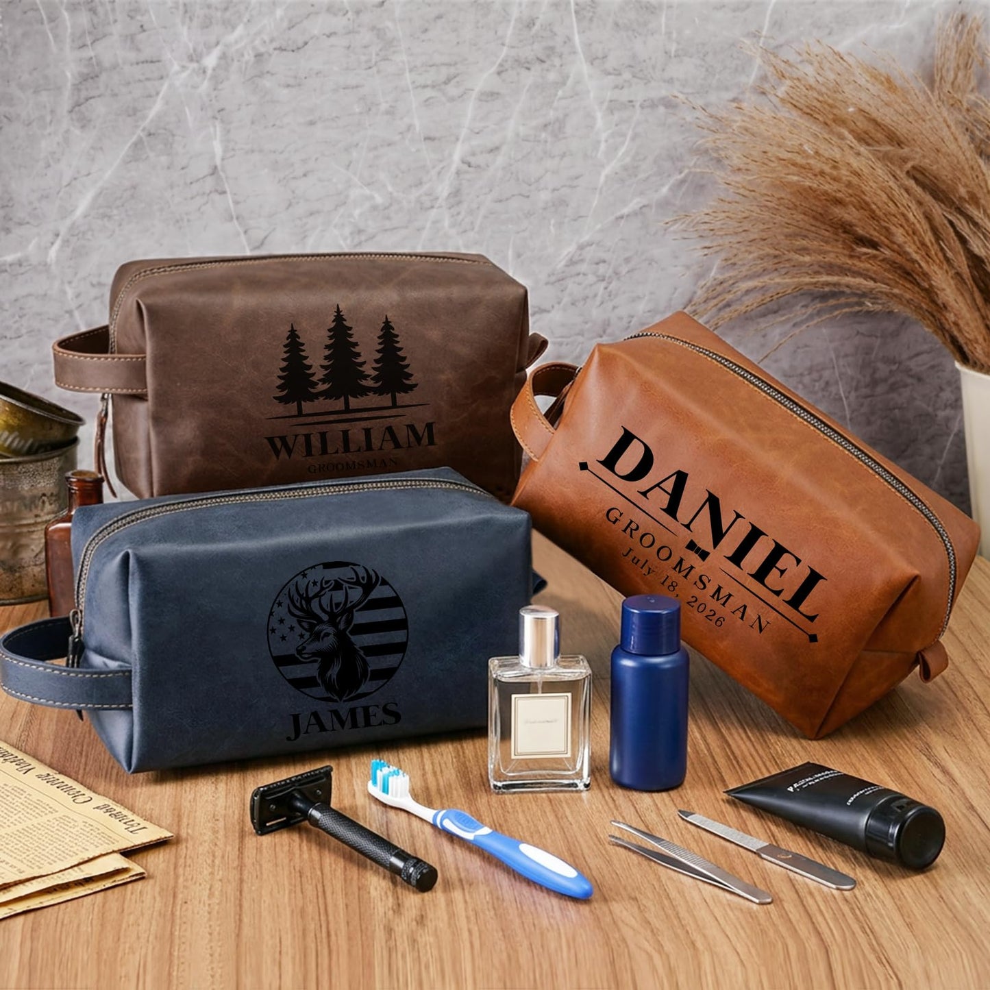 Aeekdook Personalized Toiletry Bag for Men, Waterproof PU Leather Travel Dopp Kit with Engraved Name/Logo, Birthday Gifts for Men Husband Dad Boyfriend, Father's Day Anniversary Groomsmen Gifts