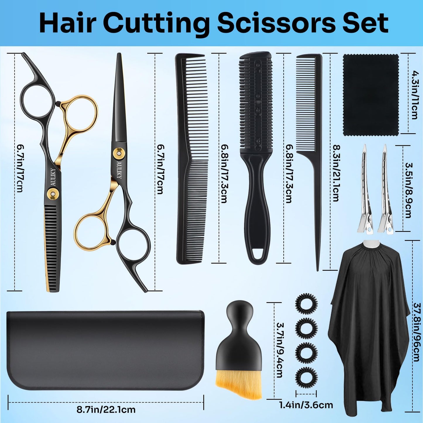AULikY Hair Cutting Scissors Shears Kits, 15 Pcs Professional Stainless Steel Hairdressing Shears Set Thinning Scissors for Barber/Salon/Home/Men/Women/Kids/Adults
