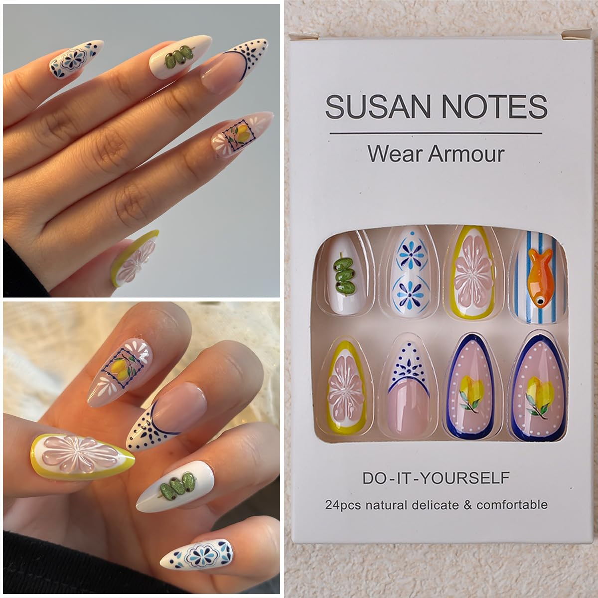 French Tip Press on Nails Almond Medium Fake Nails with 3D Goldfish Lemon Designs Summer Flower Nails Press ons Glossy Glue on Nail White Blue Yellow Acrylic Nail Spring Stick on Nails for Women 24Pcs