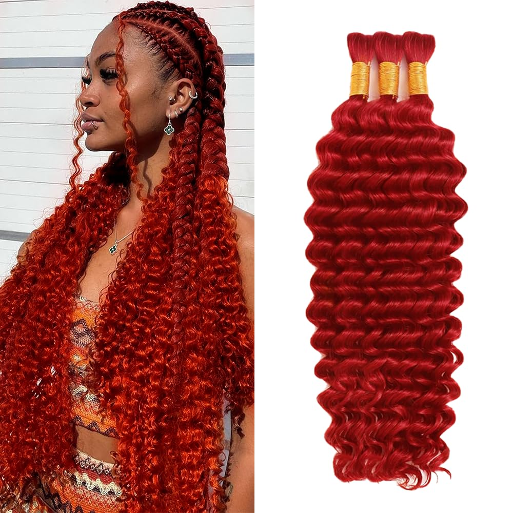 Red Boho Hair for Braiding Deep Wave Bulk Red Boho Human Hair 16 16 16 Inch No Weft Brazilian Red Deep Wave Bulk Braids Extensions