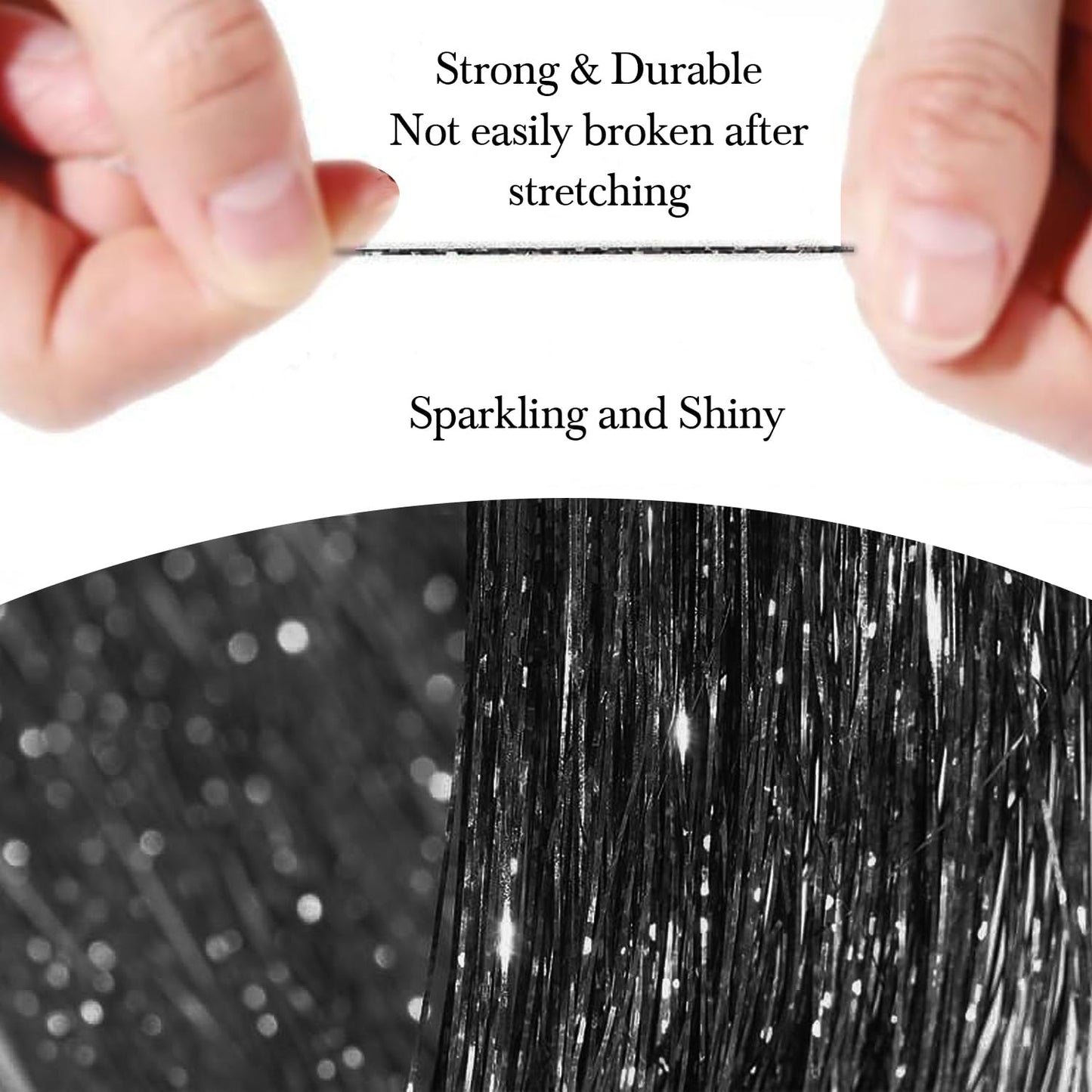 Hair Tinsel 8 Packs 1600 Strands 50 Inch Tinsel Hair Extensions Black Heat Resistant Glitter Sparkling Shinny Fairy Hair Accessories for Women(Black, 50Inch)