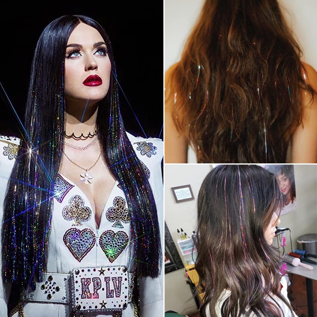 Hair Tinsel 47 Inches Hair Tinsle Kit with Tools 1200 Strands Fairy Hair Tinsel Heat Resistant Sparkling Shiny Extensions Glitter Tinsel Kit for Women Girls