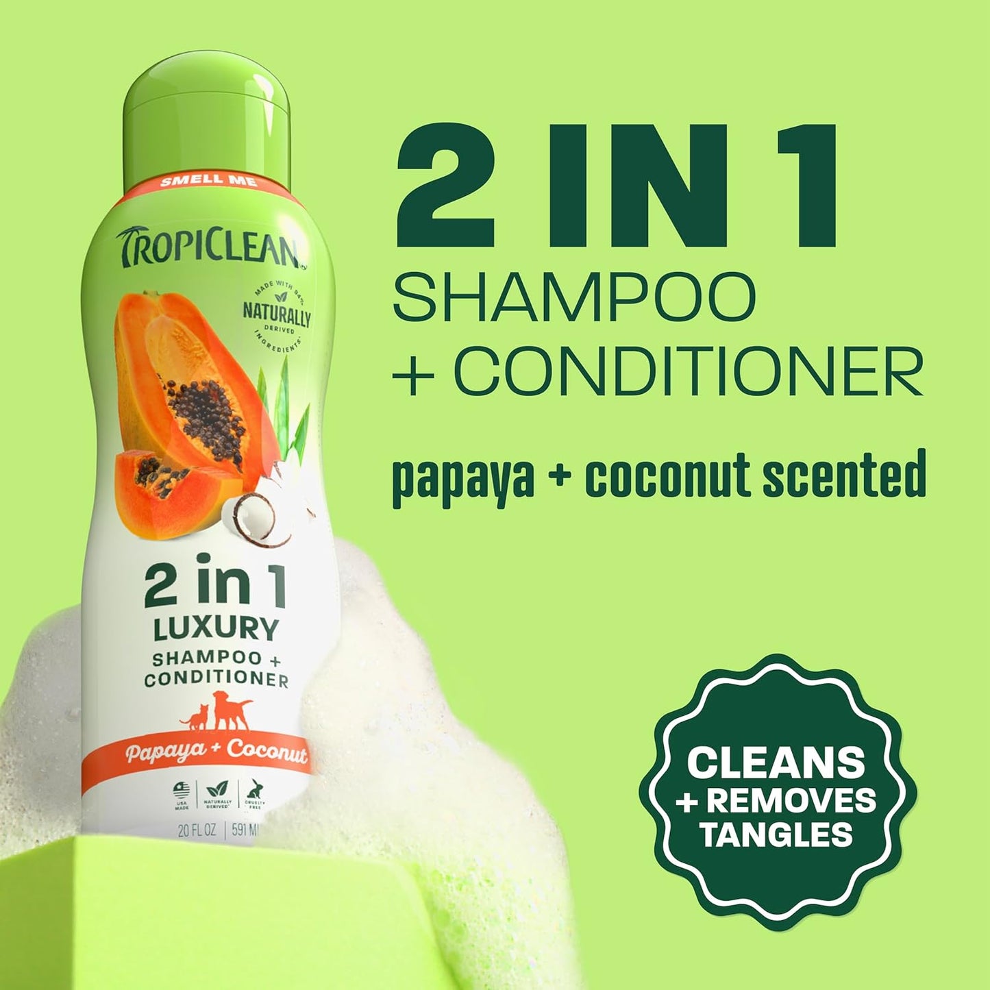 TropiClean 2-in-1 Dog Shampoo & Conditioner - Moisturizing Papaya Scent | Puppy & Cat Safe, 20oz