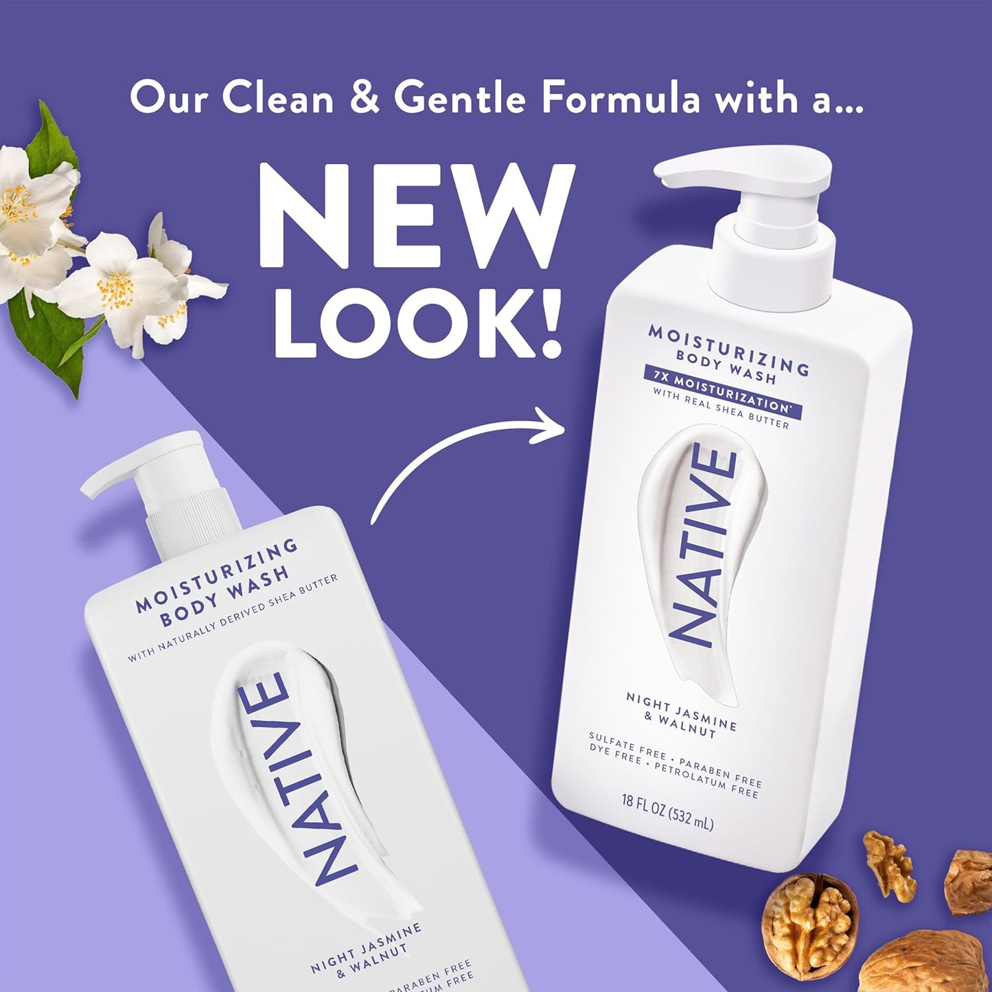 Moisturizing Body Wash - Naturally Derived Ingredients | Sulfate, Paraben & Dye Free | Night Jasmine & Walnut, 18 oz