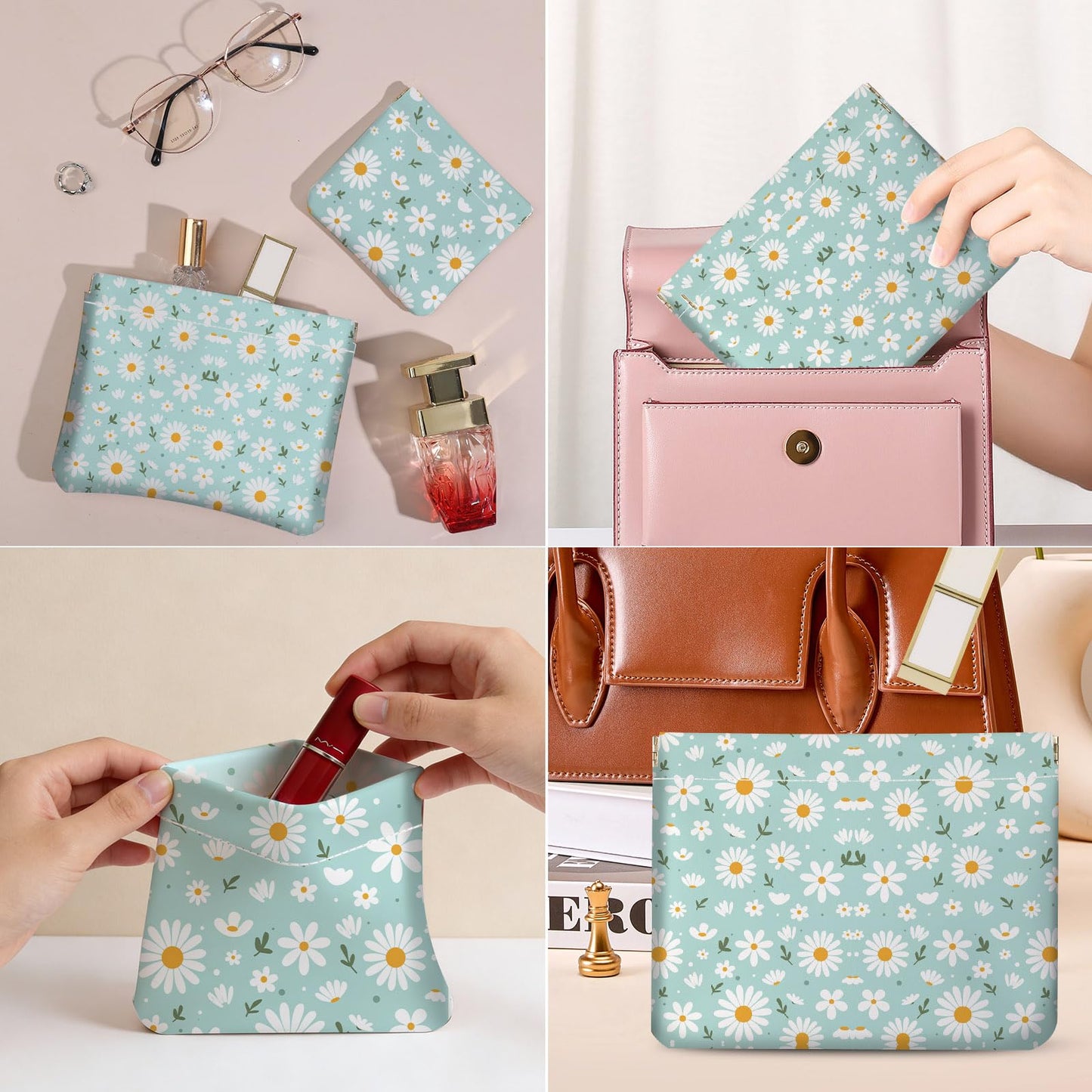 Luoycxy 2 PCS PU Leather Small Makeup Bag Set for Purse,No Zipper Self-closing Cosmetic Bag, Portable Coin Purse Lipstick Accessories Organizer Travel Toiletry Storage Pouch for Women,White Flower