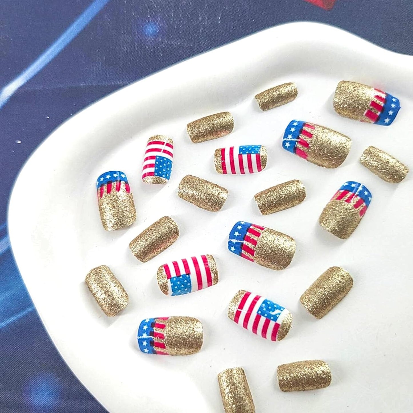 Press On Nails - Medium Square American Flag Glitter Design | 24Pcs Red, Blue & Gold 4th of July Fake Nails
