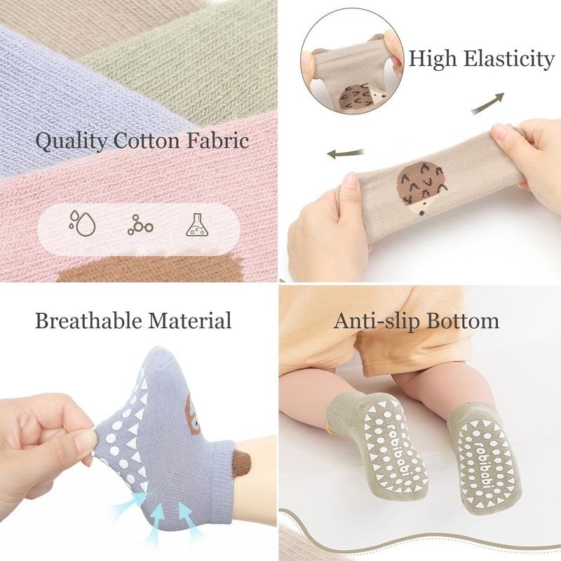 WATOCHE Baby Crawling Knee Pads and Socks with Anti-Slip Grips 10 Pairs Unisex Baby Toddler Nonslip Kneepads & Ankle Floor Socks(10 Pairs-Brown Animal,0-12M)