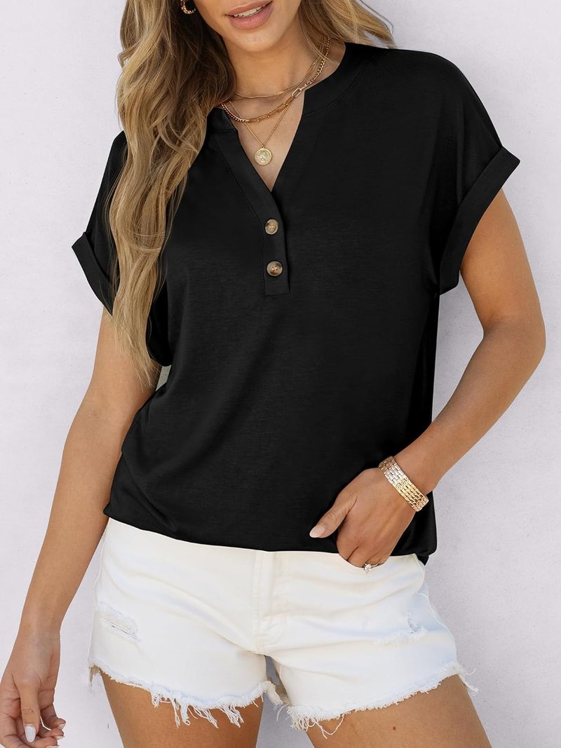 Womens Short Sleeve Henley Tops - Casual V Neck Blouses for Summer | Trendy Vacation Fashion