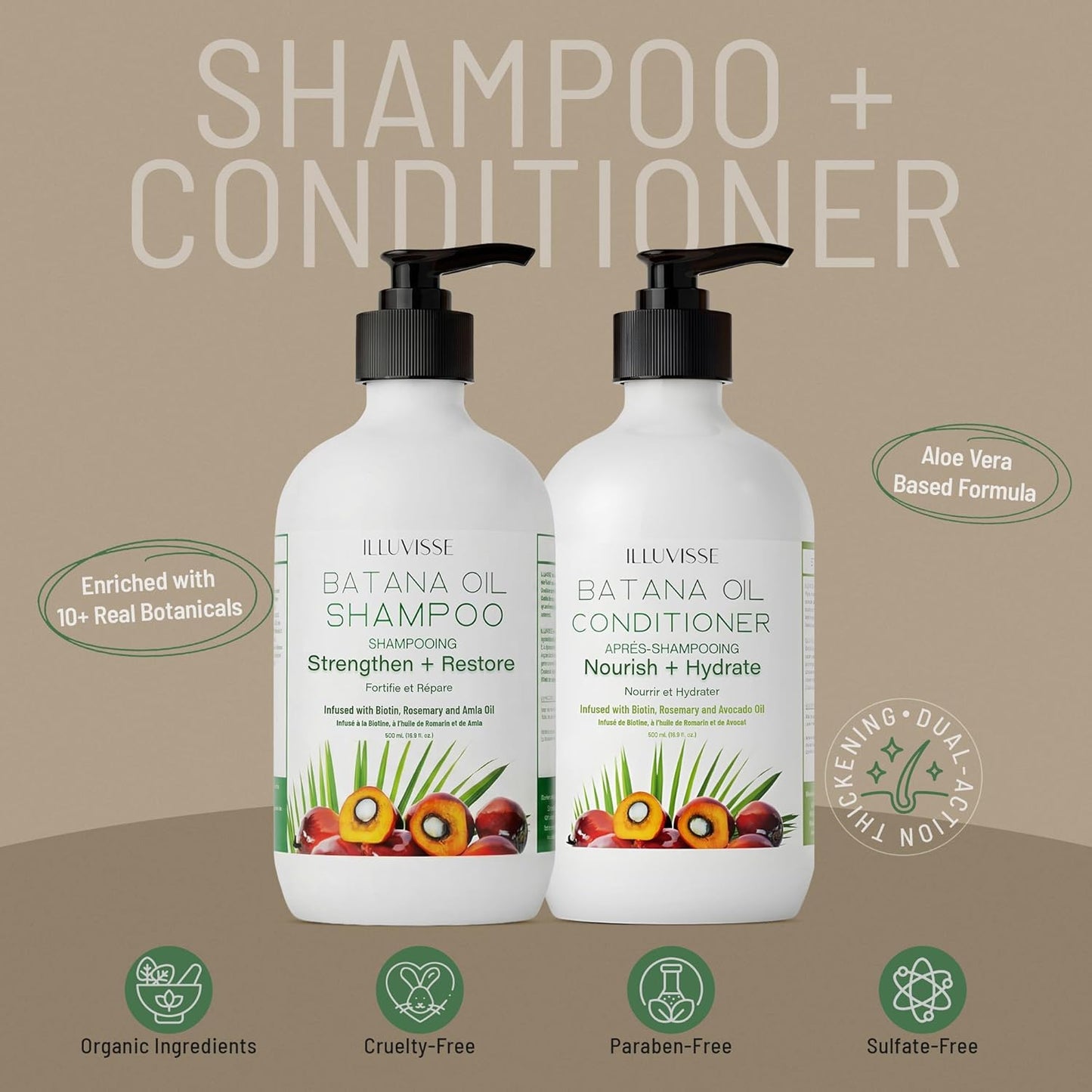 Organic Batana Oil Shampoo & Conditioner Set - Hair Growth & Thickening Formula with Rosemary, Tea Tree Oil & Biotin | 500ml Each