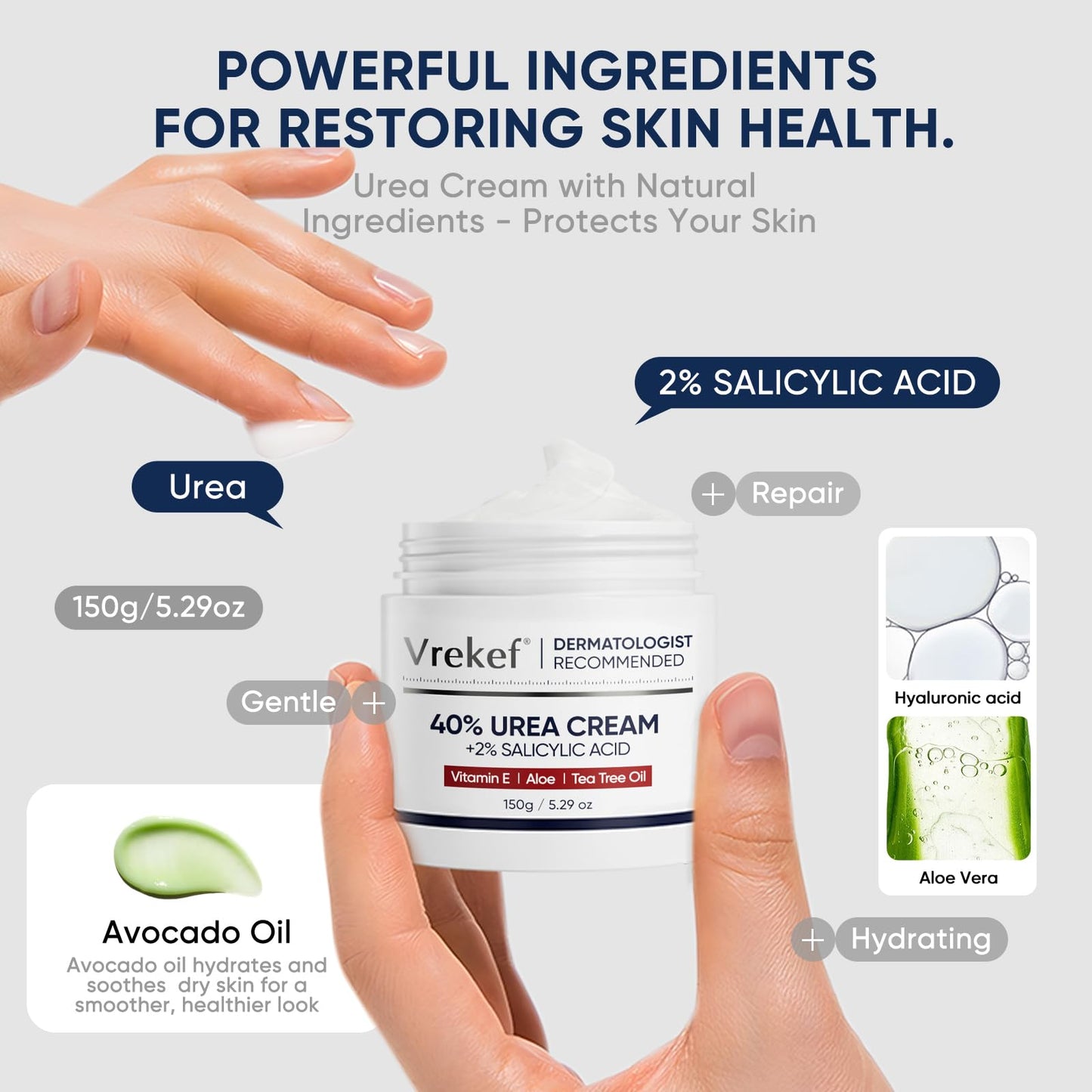VREKEF Urea Cream 40 Percent with 2 Percent Salicylic Acid, Foot & Hand Cream for Dry Cracked Heels, Callus Softener for Feet, Exfoliating Foot Cream for Rough Thick Skin, 5.29 oz