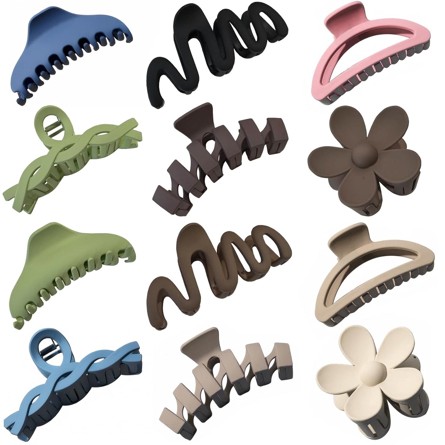 Claw Clips for Women - 12 Pcs Non-Slip Large Jaw Hair Clips | Multi-Shape Black Accessories for Thick & Curly Hair