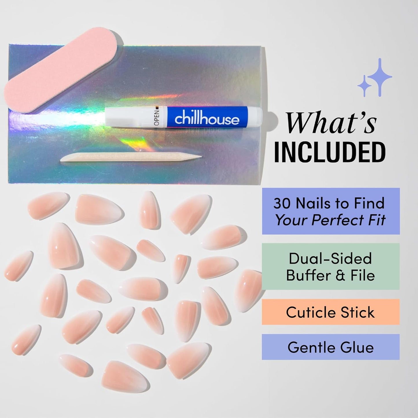 Chillhouse Press-On Nails Kit | Chill Tips - Almond Shape, 30 Customizable Sizes for Up to 2 Weeks Wear