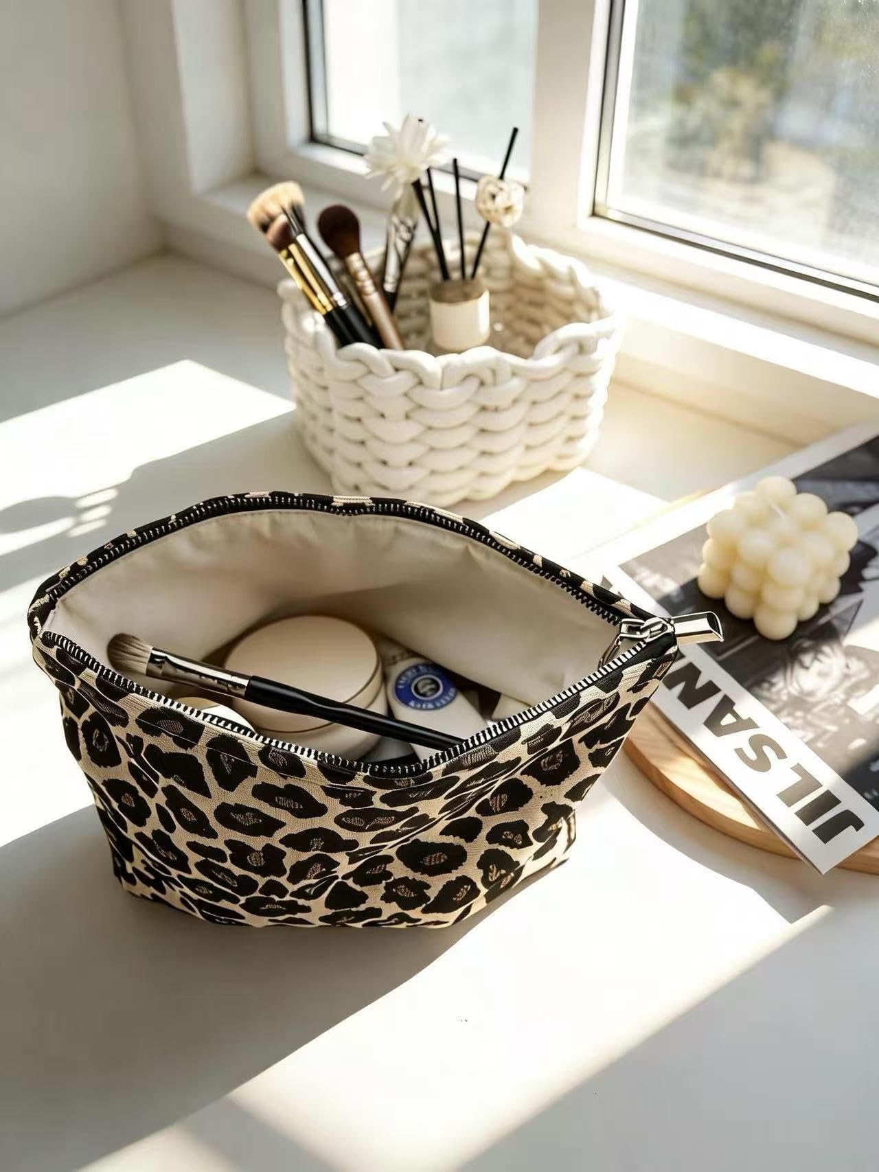 RIKMOXR Brown Leopard Canvas Makeup Bag Organizer for Women & Girls - Large Capacity Travel Toiletry Pouch | Purse Organizer Cosmetic Zipper Bag