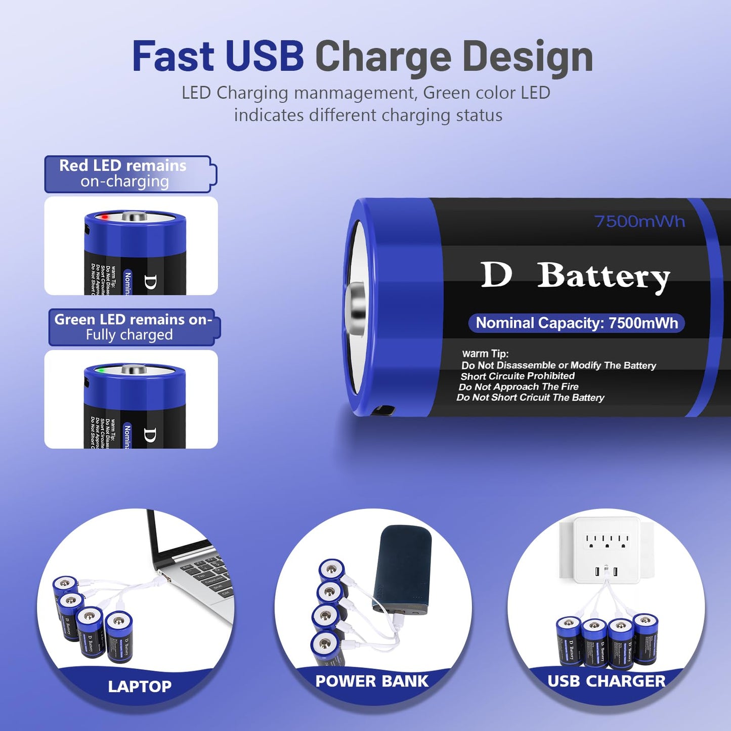 wowpower Rechargeable Lithium D Cell Batteries 7500mWh with USB-C Charging Cable, 1.5v LR20 D Size Battery for Flashlight/Floodlight &Toys(2 Pack)