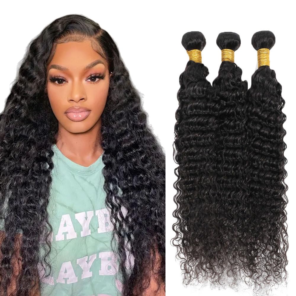 Deep Wave Bundles Human Hair 24 24 24 Inch Deep Wave Bundle #1B Natural Black Color Unprocessed Brazilian Virgin Weave Hair 3 Bundle 50 Gram Per Bundle for Black Women