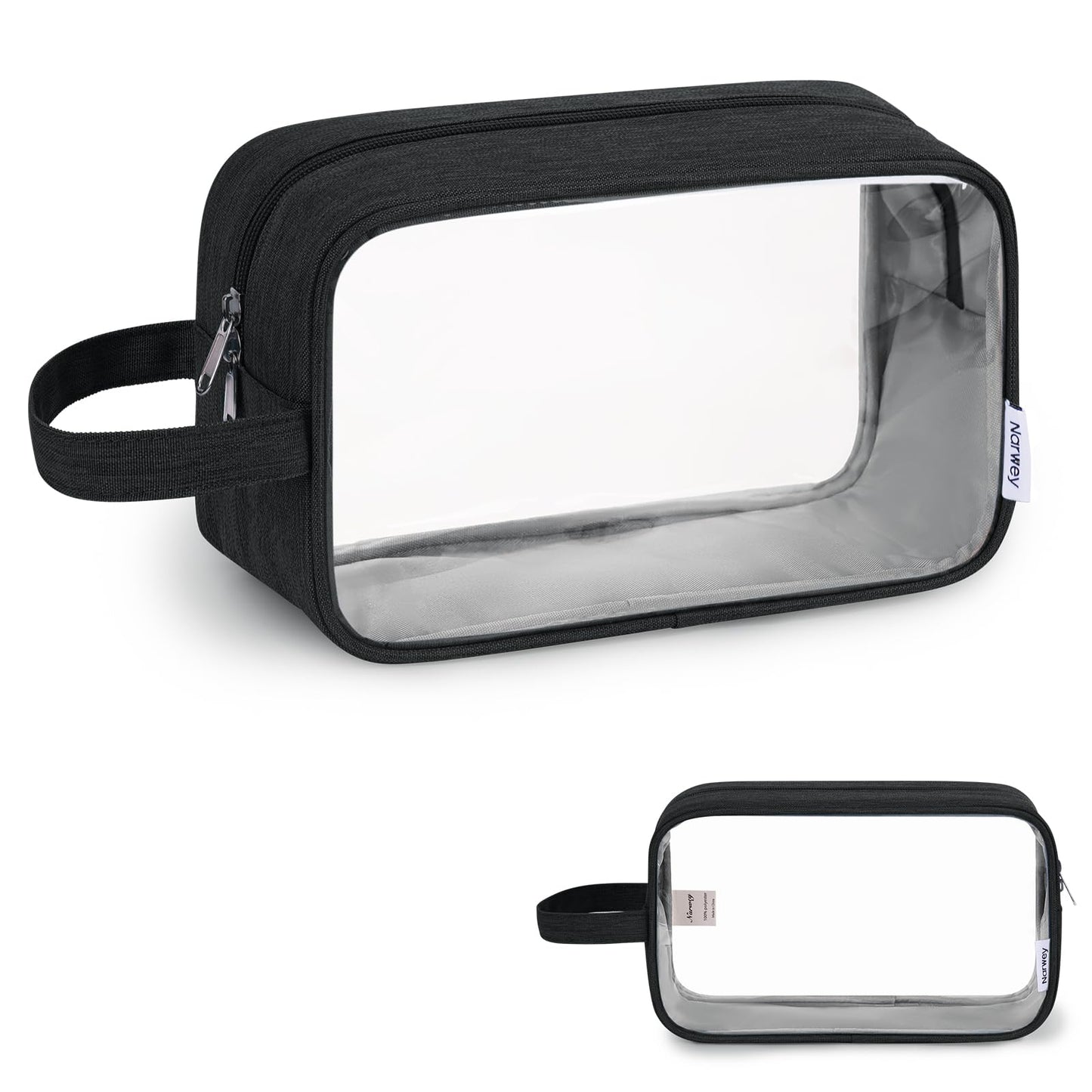Narwey Clear Travel Toiletry Bags for Traveling Toiletries Men Women, Clear Makeup Bag Cosmetic Bag with Zipper, Make Up Pouch Organizer Bag with Handle, Skincare Beach Snack Medicine Bag, Black