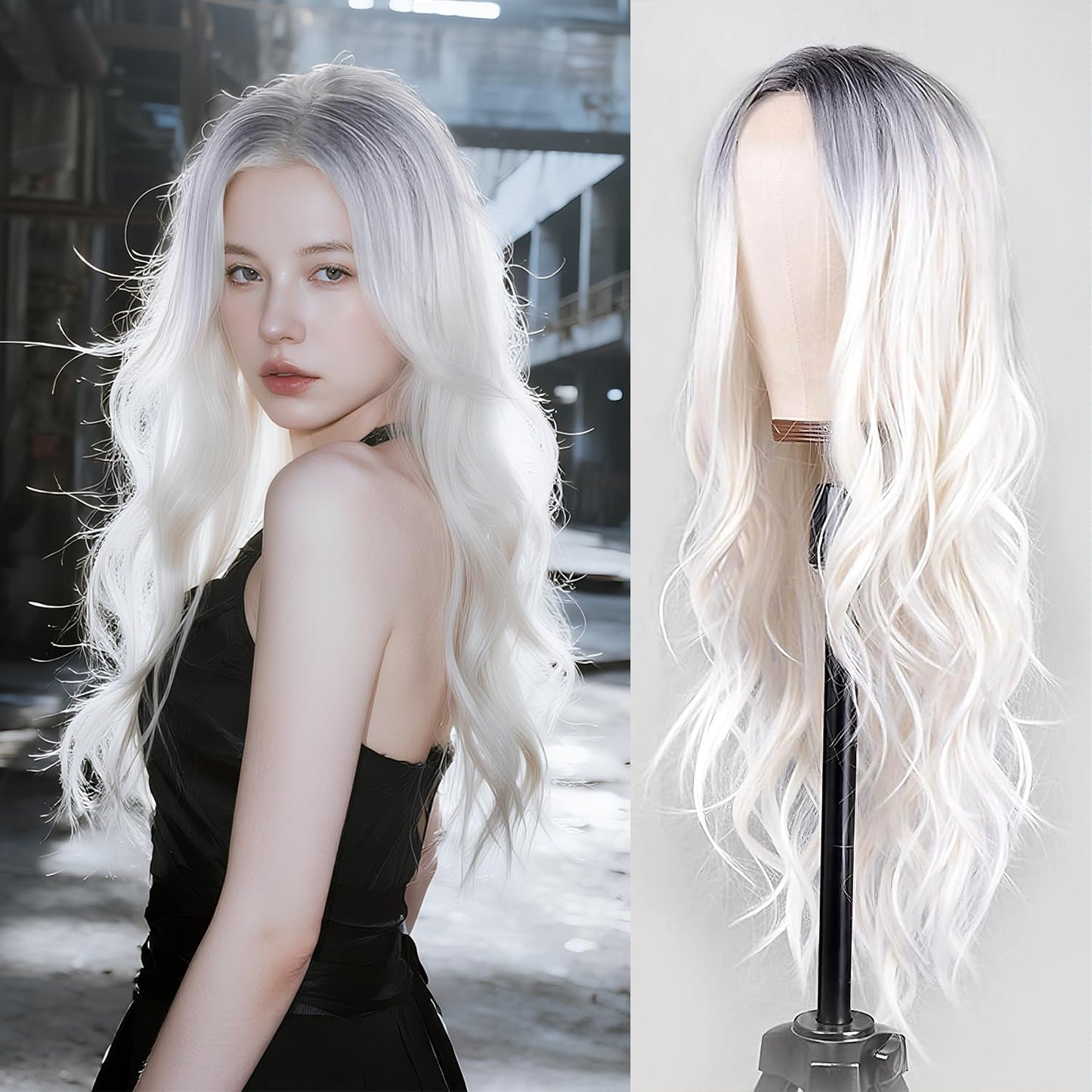 Ombre White Wig - 26 Inch Long Wavy Synthetic Hair for Daily Wear | Cosplay & Halloween