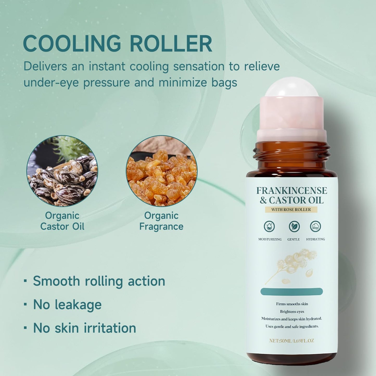 Organic Frankincense & Castor Oil Roll On 1.69oz, 100% Pure Hexane Free, Lightweight Non Greasy Fast Absorbing, Superior Texture Hydrating Oil for Face Under Eye Brows Lashes, Vegan Premium Care