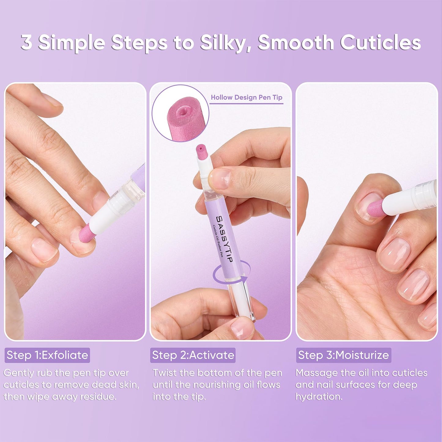SASSYTIP Cuticle Oil Pusher Pen 2-in-1 Clean & Moisturize | Removes Dead Skin & Dirt from Nail Edges | Nourishing Jojoba & Almond Oils | At-Home or On-the-Go Manicure for Women & Men (Lavender)
