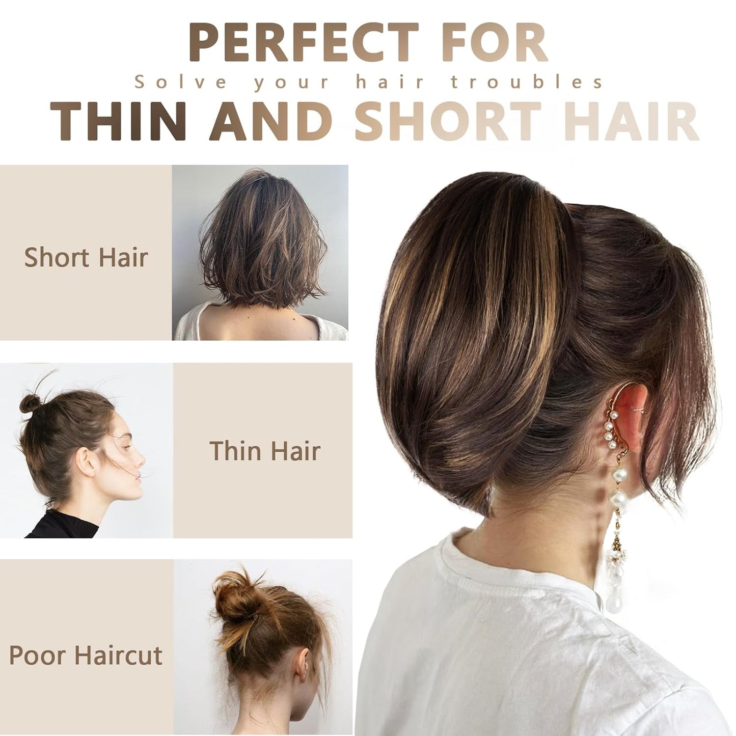 10 Inch Ponytail Extension - Straight Claw Clip Synthetic Hair | Brown with Blonde Highlights
