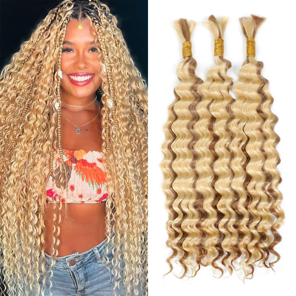 613 Human Braiding Hair 28 28 28 inch 150g Honey Blonde Deep Wave Bulk Human Hair for Braiding No Weft 3 Braids Per Pack 27 Mixed With 613 Color