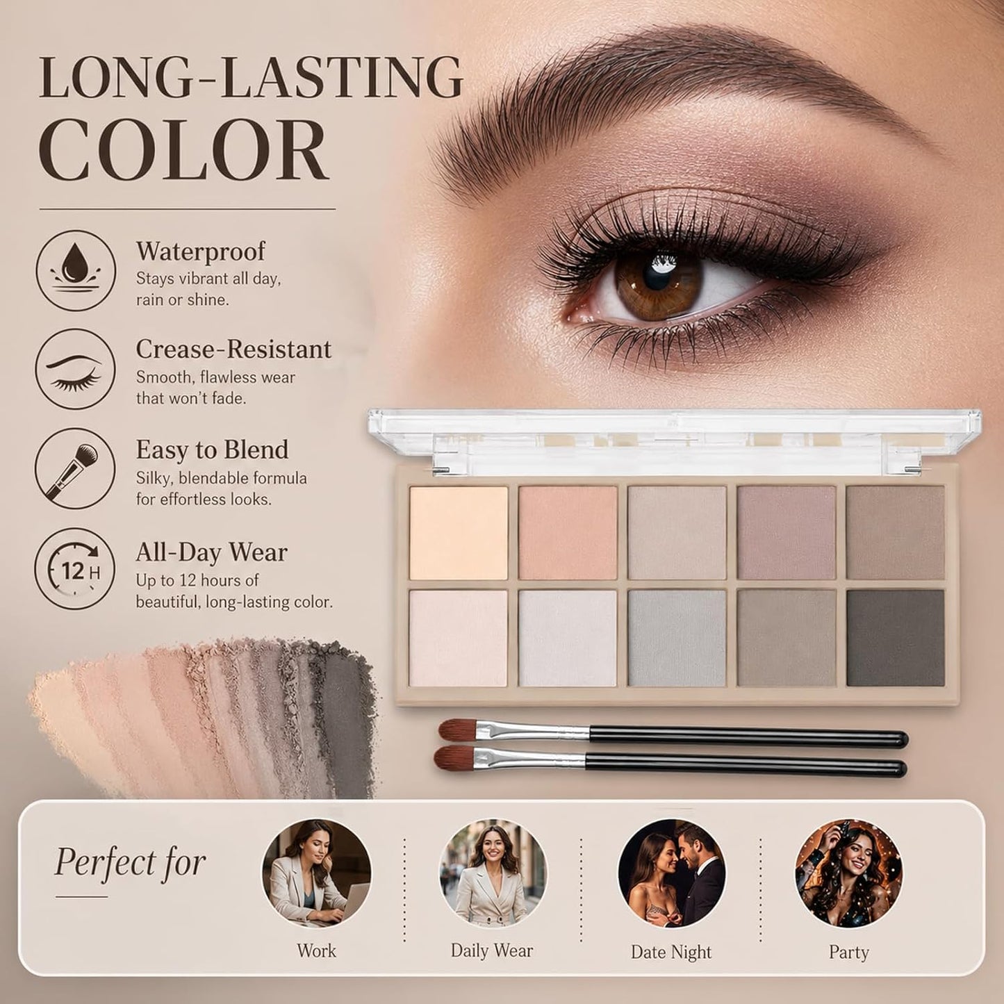 Matte Eyeshadow Palette - 10 Blendable Shades for Smokey Eyes | Waterproof, Long-Lasting Makeup