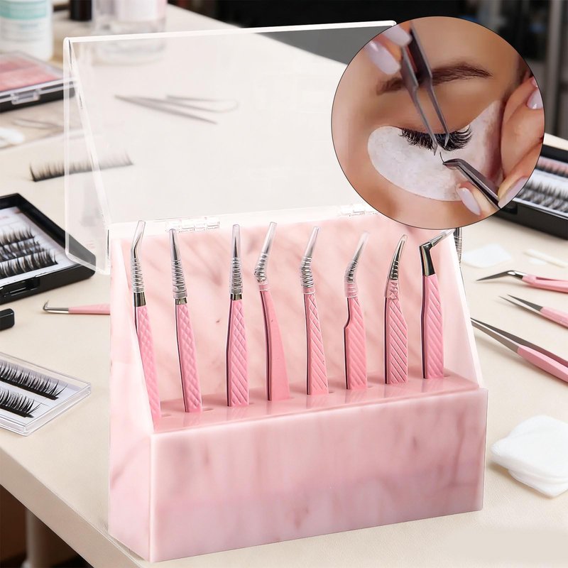 Mekupeu 8 Holes Dust proof Tweezer Storage Rack,Acrylic Tweezer Display Stand Holder Eyelash Extension Supplies Lash Accessories Tools (Marble Pink)
