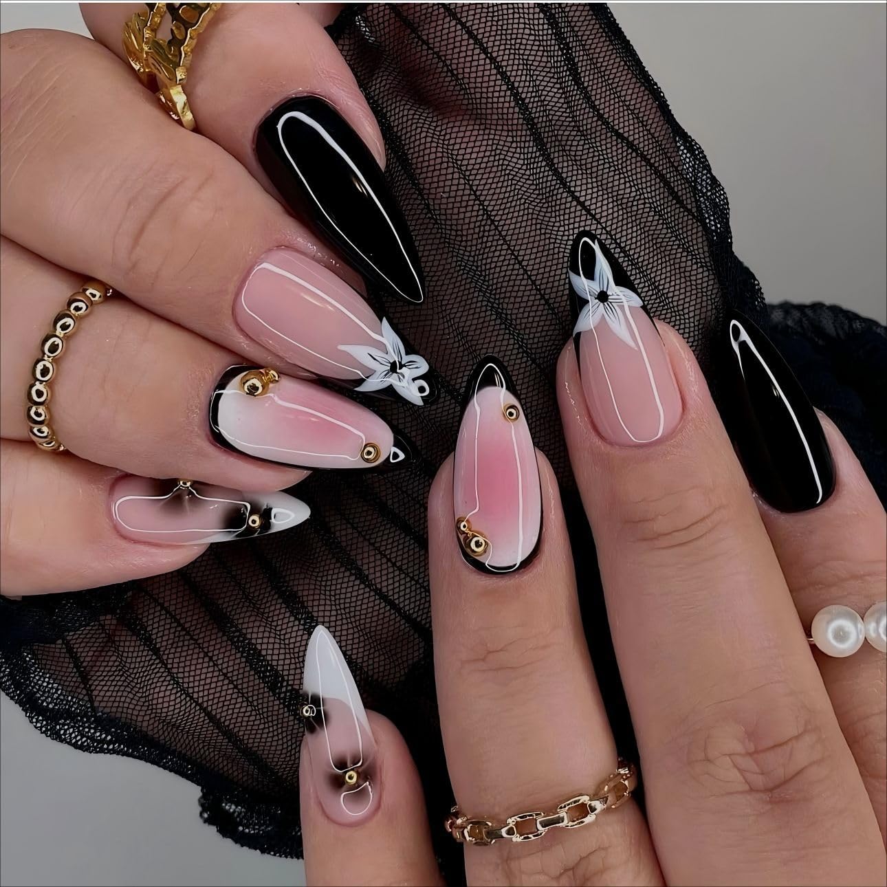 Red French Tip Press-On Nails - Almond Shape with 3D Crystal Designs | 24 Pcs Reusable Nail Kit for Manicure